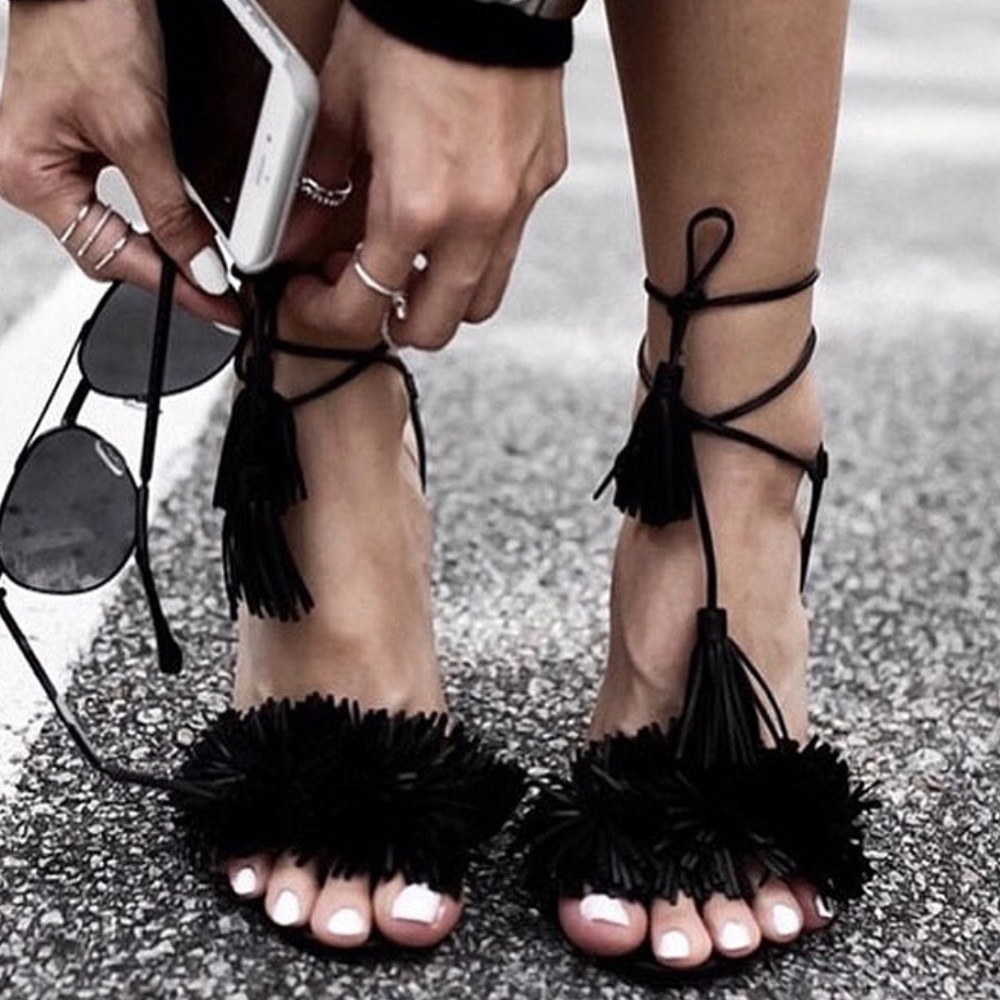 Black fringe lace up sandals